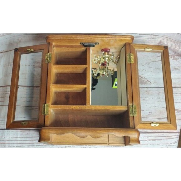 Rare Vintage Wood Jewelry Box Armoire Artistic Design Glass Door Shelves w/Mirro - Picture 6 of 12